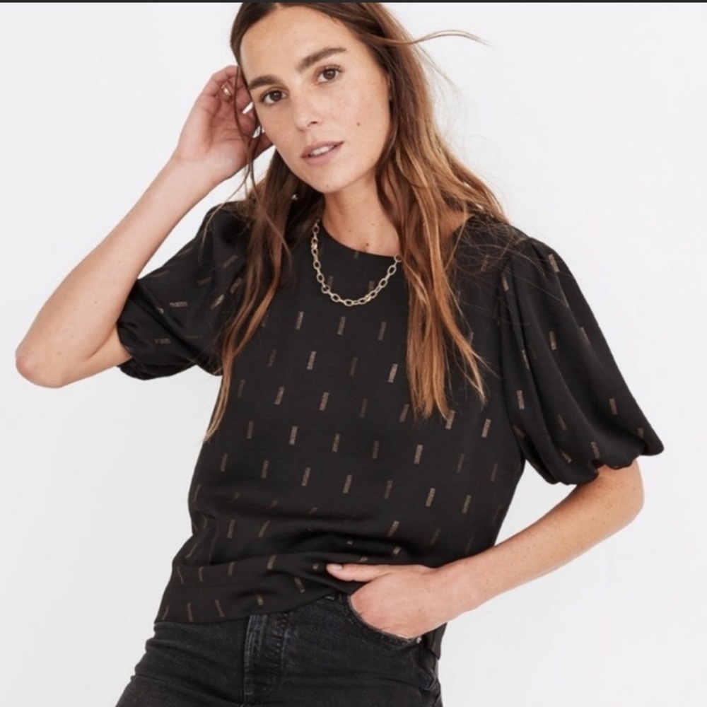 Madewell Women's Black Metallic Jacquard Puff-Sleeve Top